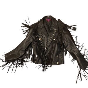 Verducci Vintage Black Leather Fringed Moto Biker Jacket 34 Small
